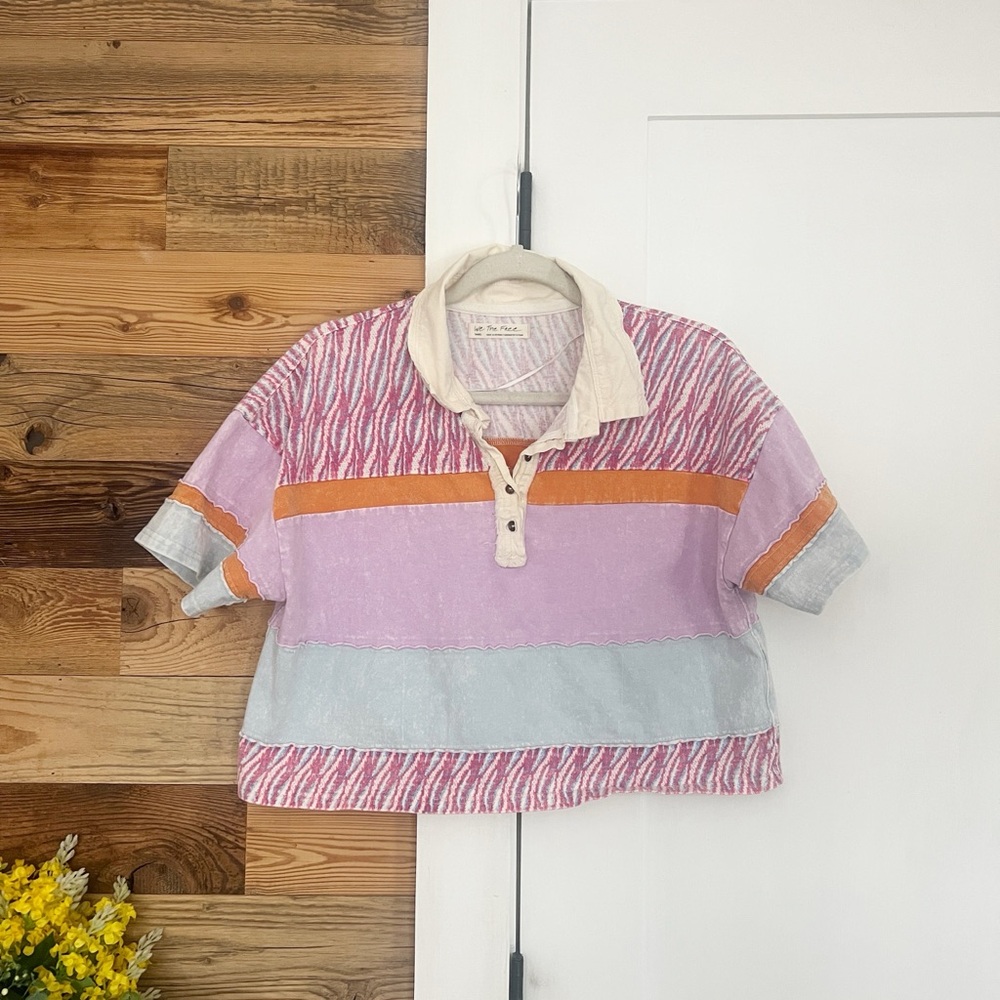 Free People Bella Stripe Retro Combo Cropped Polo Pastel Size Small - Picture 4 of 6